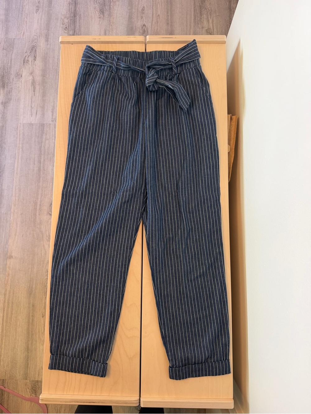 Final Touch Navy Pinstripe Paperbag Tie-Waist Ankle Pants